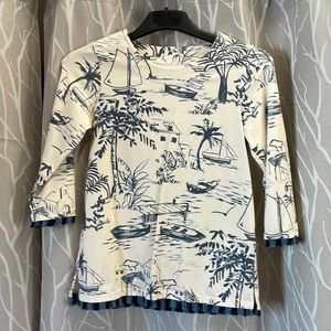 Spartina blue and off-white pull over top with fringe trim size small